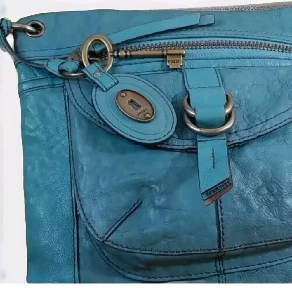 Fossil Sasha Turquoise Distressed Leather Purse Crossbody Bag Coastal Cowgirl - Picture 8 of 14